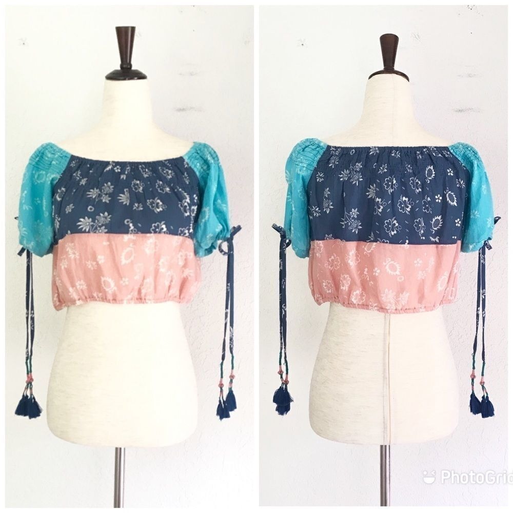 Anthropologie KOPAL Crop Top Small Blue Off The Shoulder‎ Boho Patchwork Hippie